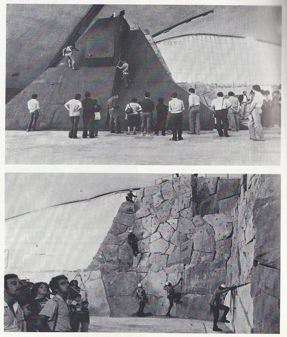 1980 dimostrazione ghiaccio e roccia con con scarponi e casco